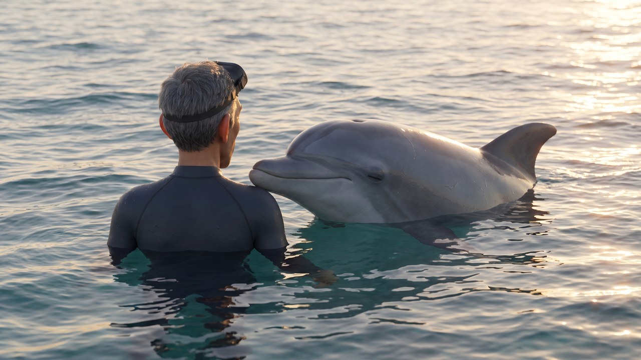 A man floating in calm teal water as a fin cuts toward him